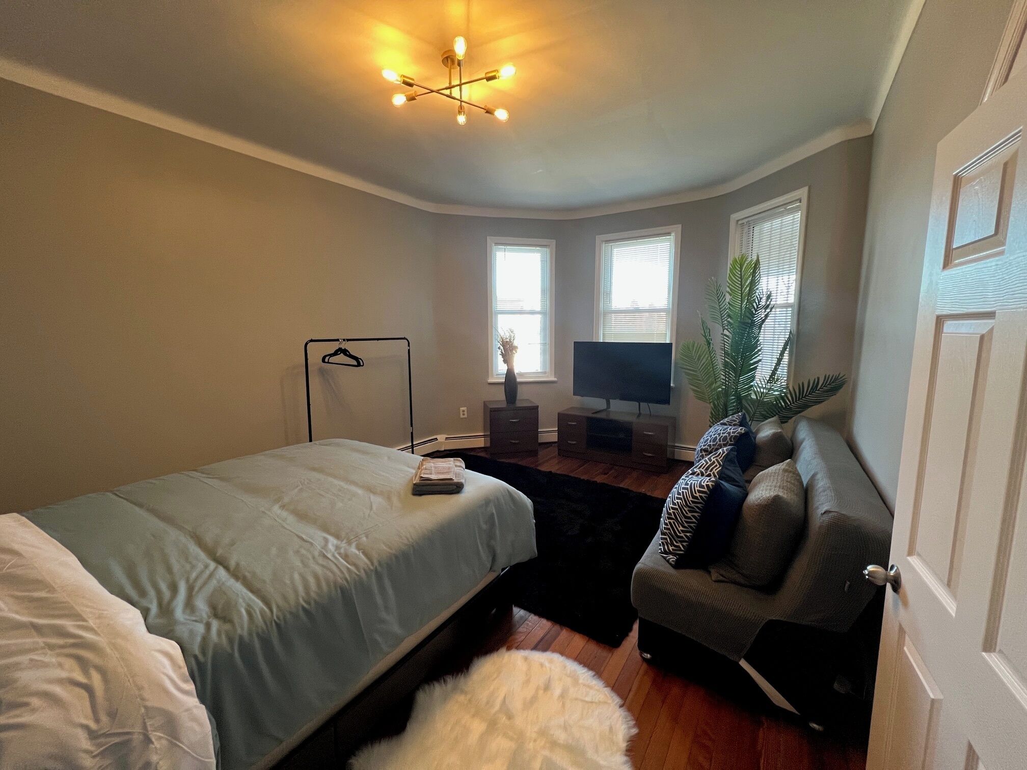 Un dormitorio con cama, televisor, sofá, planta y lámpara colgante.