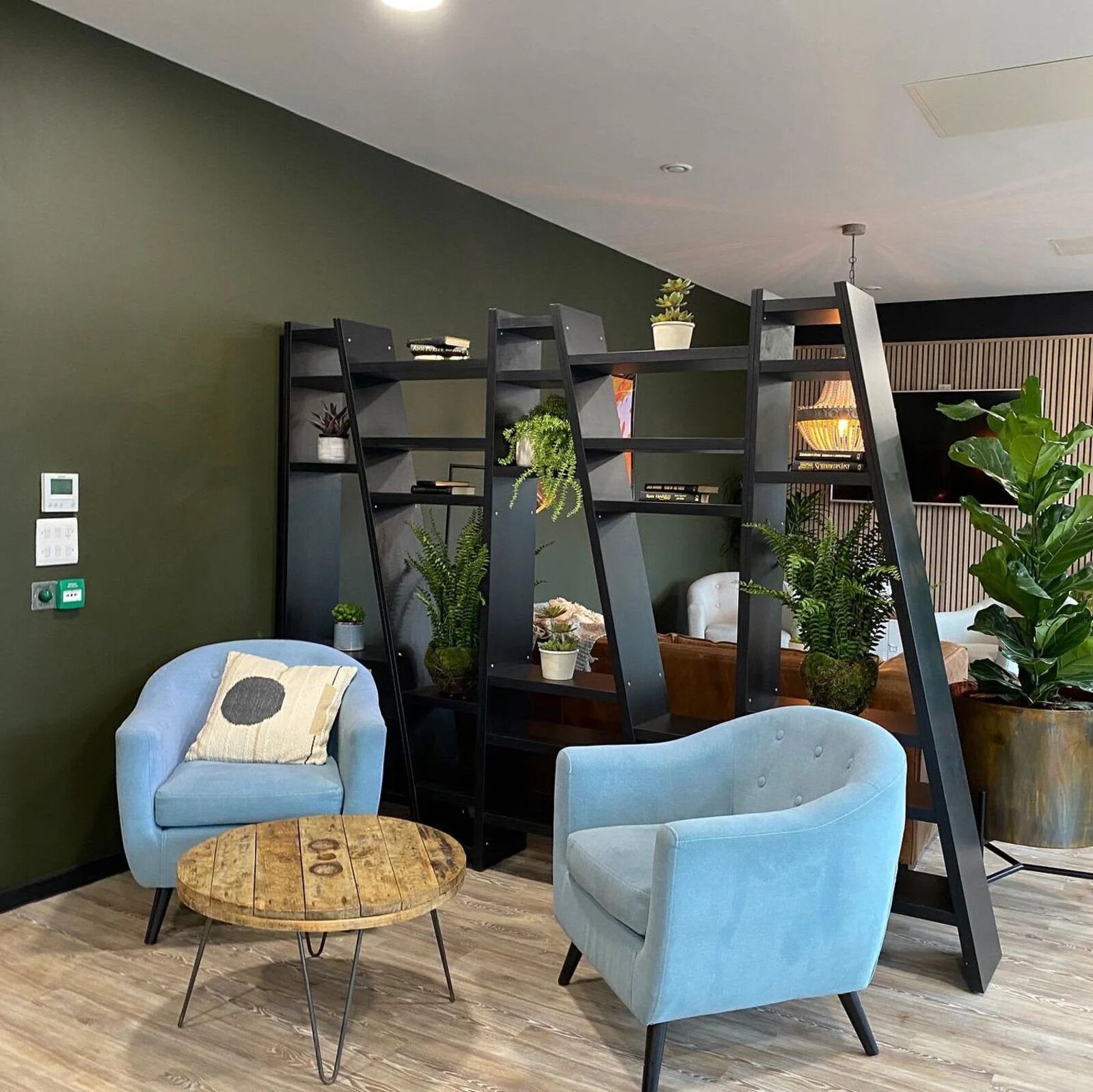 Un espace détente moderne avec un canapé bleu, une table basse en bois et une bibliothèque noire agrémentée de plantes.