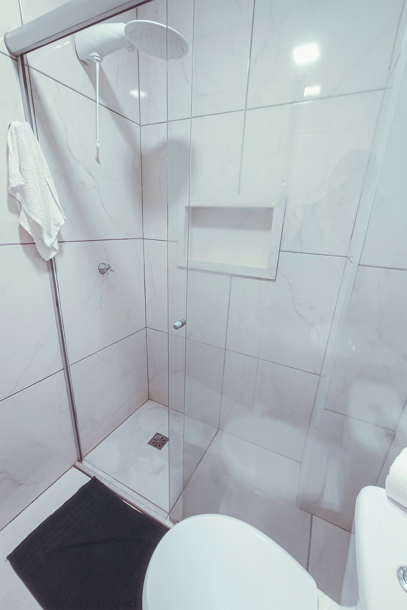 A modern bathroom with a glass-enclosed shower, a white toilet, and a small shelf.