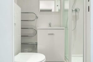 A bathroom with a toilet, a sink, a mirror, and a shower enclosure.