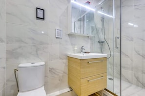 Shower, hair dryer, shampoo