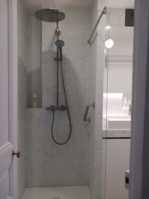 Dusche, Haartrockner, Handtücher, Seife