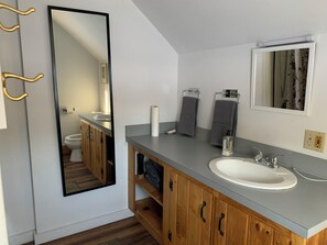 Une salle de bain moderne avec un grand miroir, un lavabo et des meubles en bois.