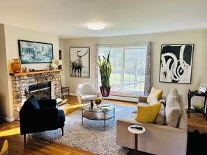 Smart TV, chimenea, libros y monitor de computadora 