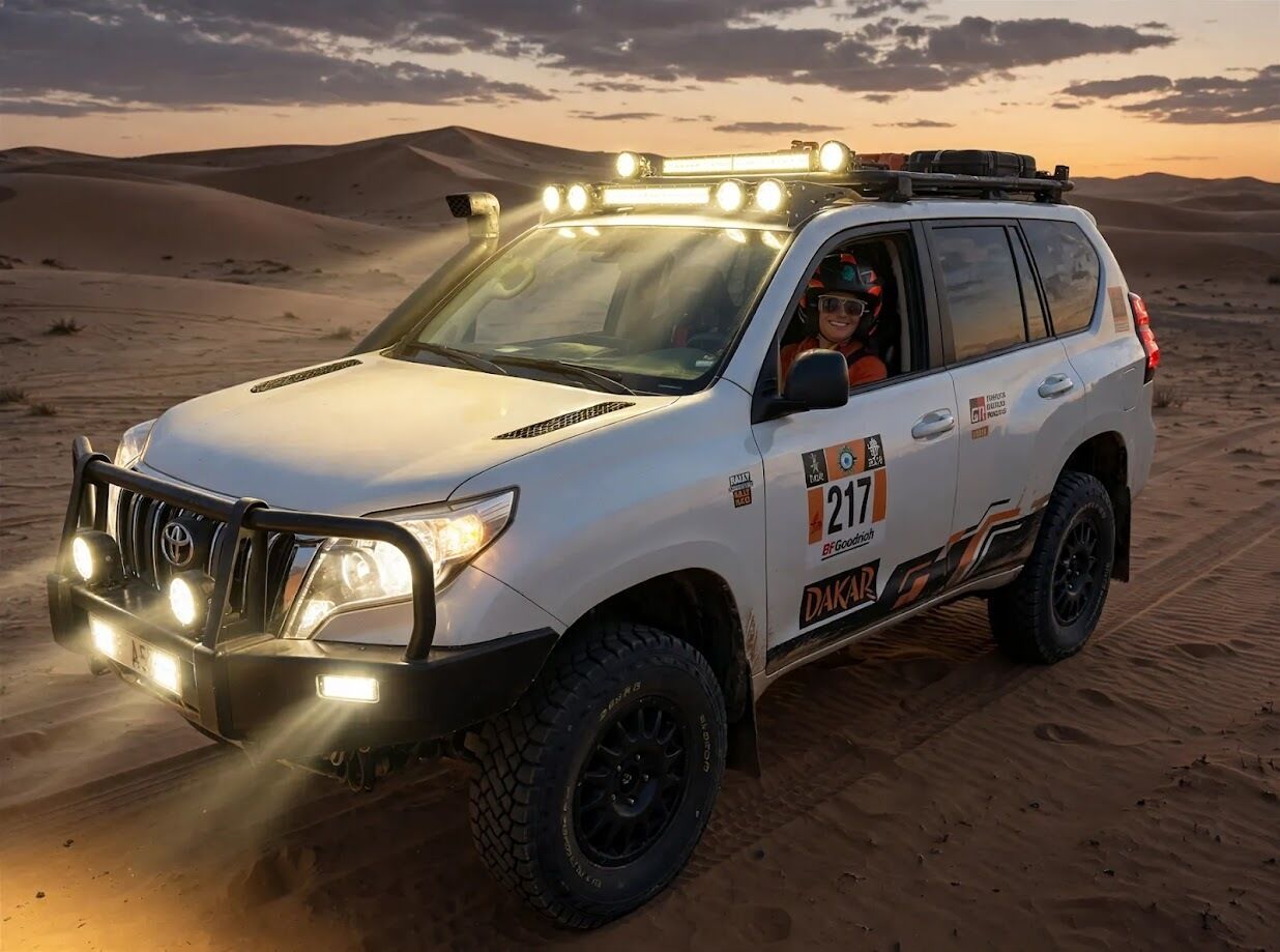 A white SUV with off-road tires and lights, parked on a sandy surface.