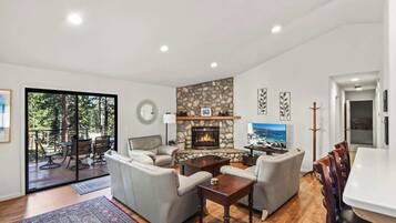 TV, fireplace, DVD player, foosball