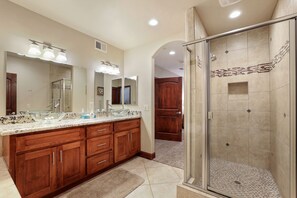 Shower, hair dryer, shampoo