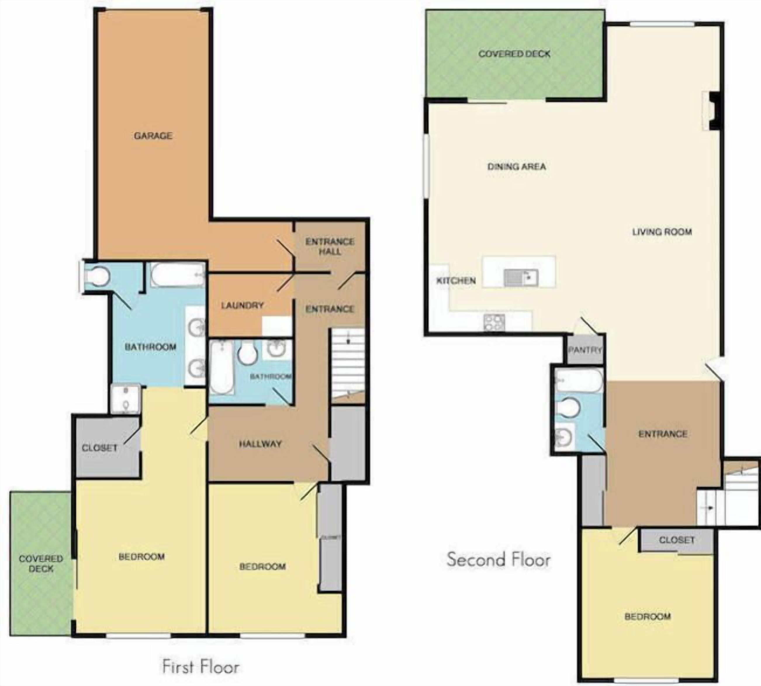 A floor plan of a two-story building with a garage, covered decks, a dining area, living room, kitchen, bathroom, entrance hall, and two bedrooms.