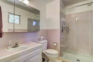 Shower, hair dryer, towels