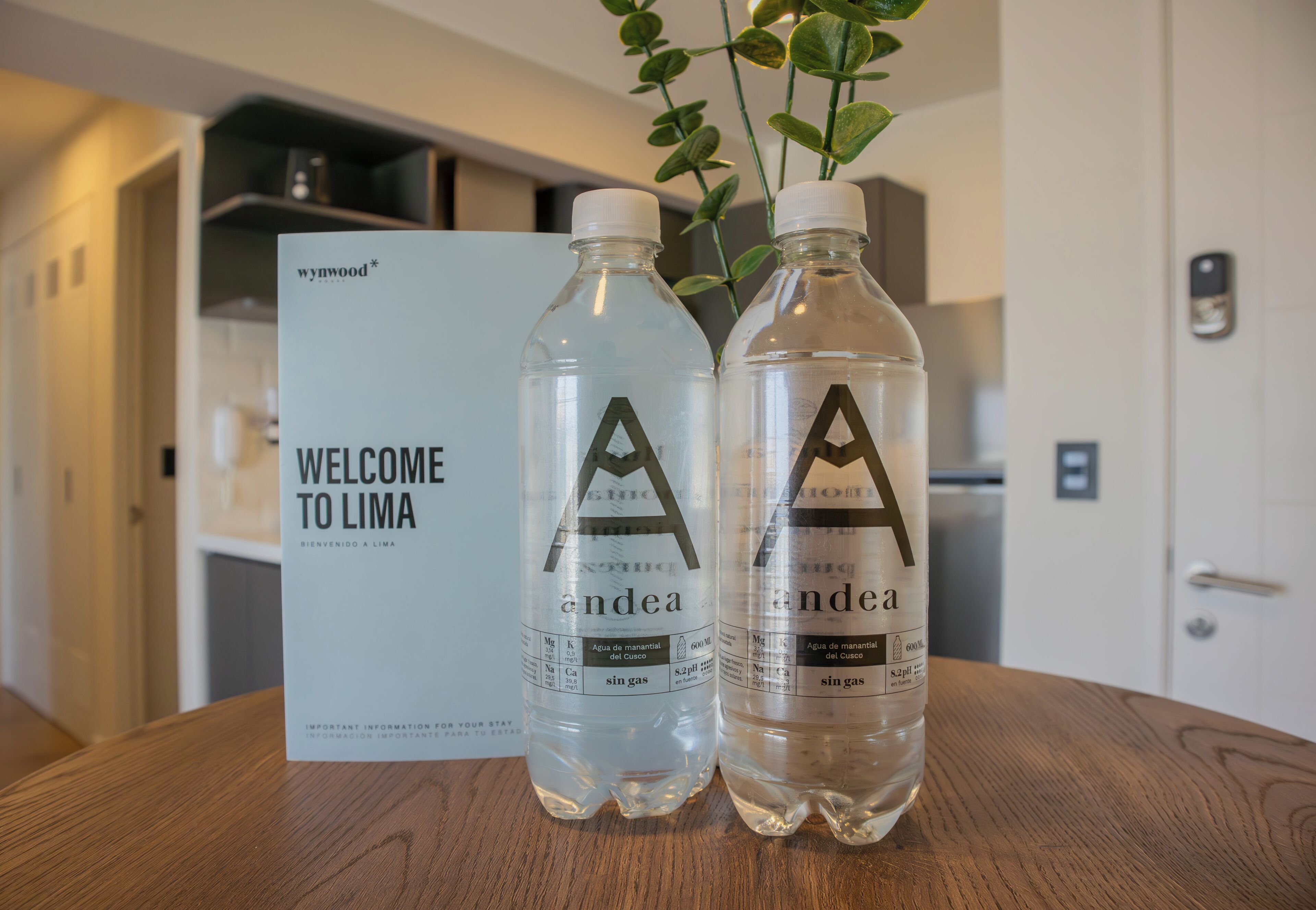 Two water bottles with labels on a wooden table, a welcome sign, and a plant in the background.