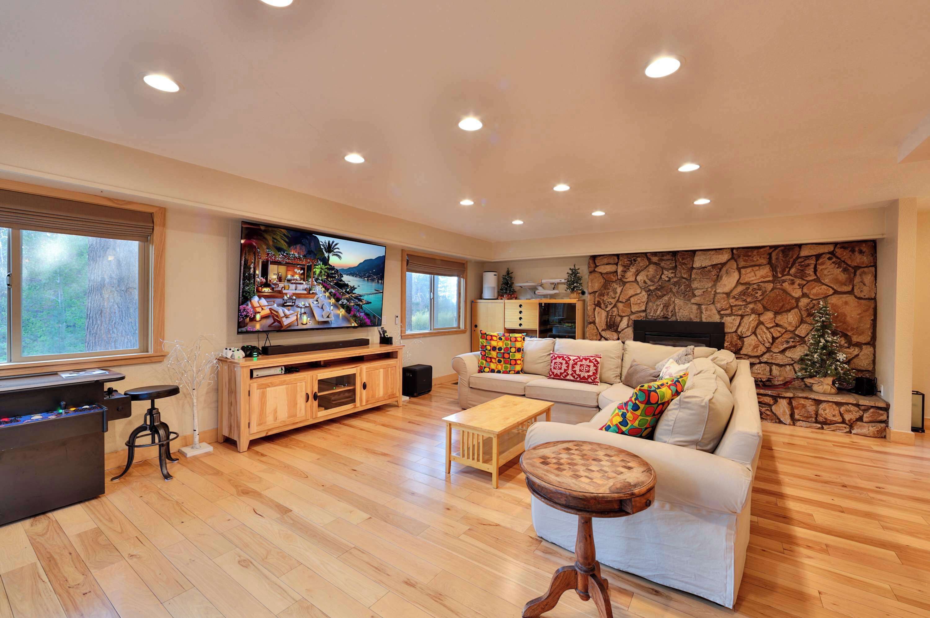 TV, fireplace, foosball
