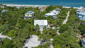 An aerial view of a residential area with houses surrounded by dense greenery, a beach in the background, and a clear sky.