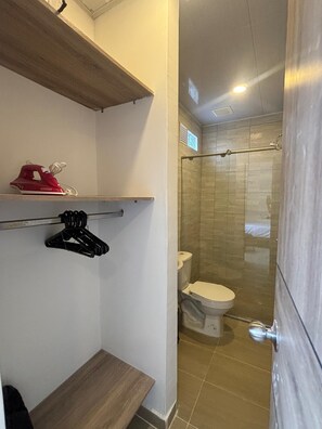 Hair dryer, towels, soap, toilet paper