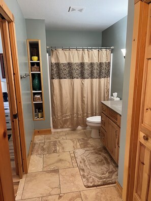 Hair dryer, towels, soap, shampoo