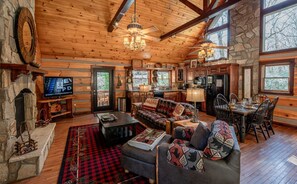 TV, fireplace, DVD player, books - Slippery Rock-Pet Friendly, Luxury Log Cabin Rental on Creek, Outdoor TV over Fireplace, Hot Tub-Western NC (Topton)