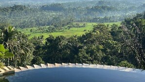 A pool with a floating dining setup overlooking a lush landscape and a mountain. - Punduk Villa (Selat)