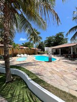 Outdoor pool, pool umbrellas, sun loungers