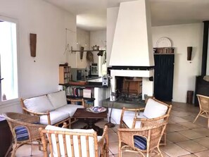 Fireplace, books, stereo, computer monitors