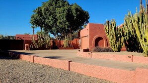 A courtyard with a red brick building, cacti, and a large tree. - The Camelback Ranch in Litchfield Park - Amazing Backyard | Refreshing Pool (Litchfield Park)
