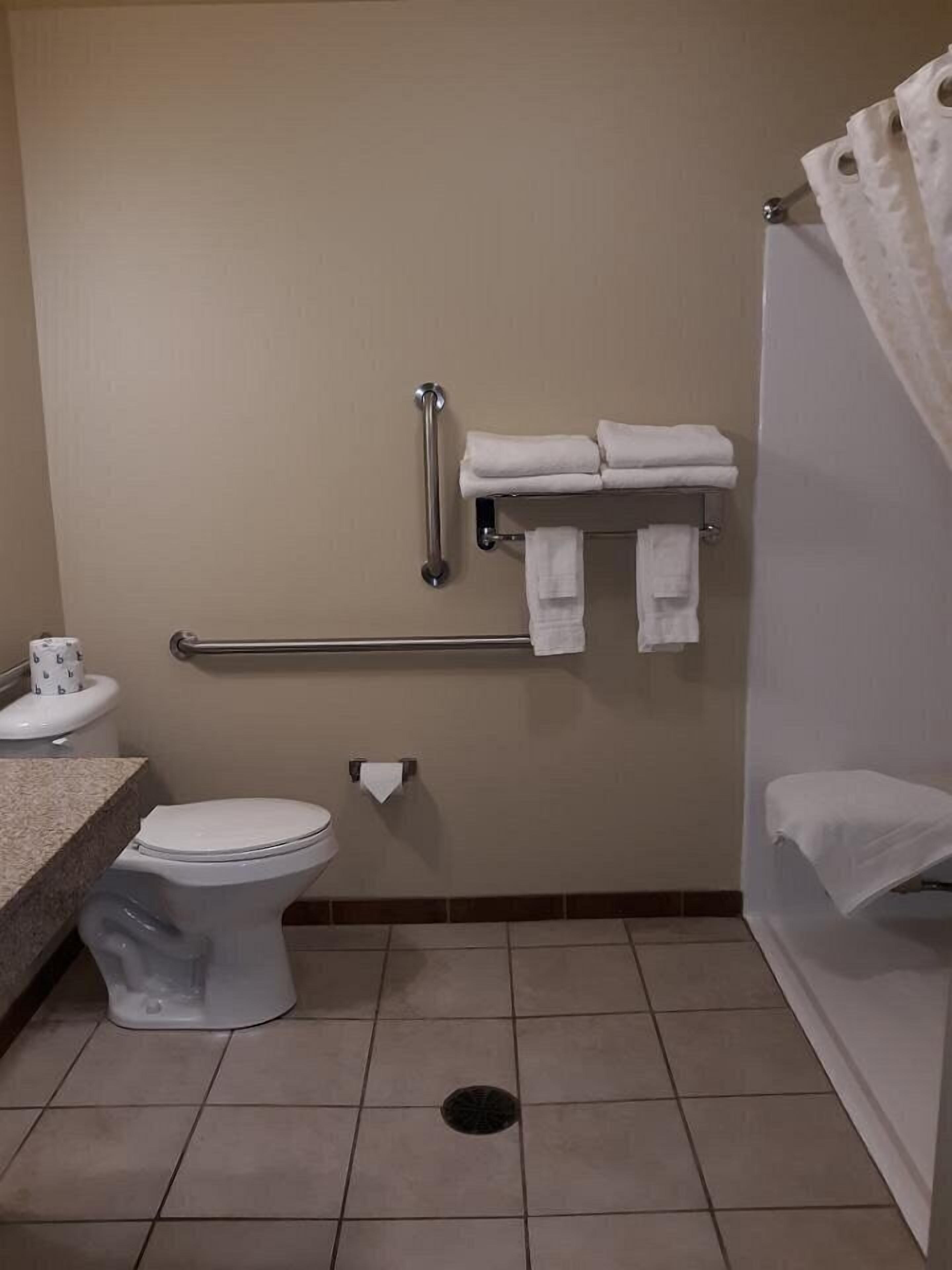 Un baño pequeño y limpio con inodoro, barra de apoyo, toallero y cortina de ducha.