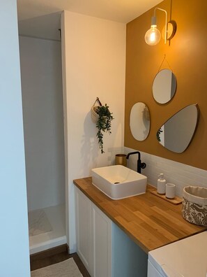 Douche, séchoir à cheveux, savon, shampooing