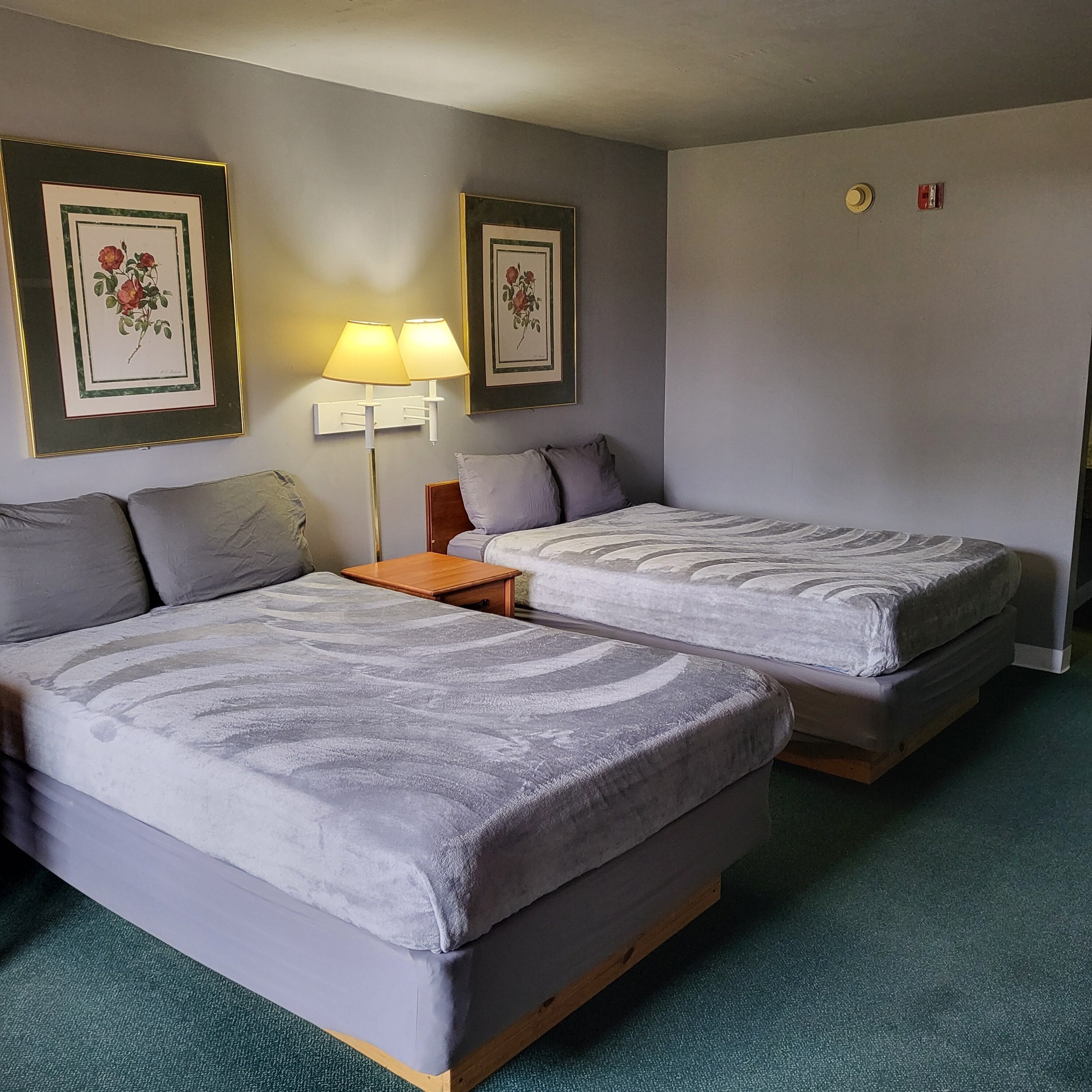 A hotel room with two beds, a nightstand, a lamp, and framed floral artwork on the walls.