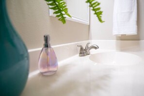 Hair dryer, towels, soap, toilet paper