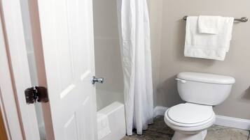 Hair dryer, towels, soap, toilet paper