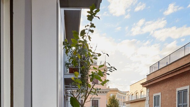 A balcony with a potted plant, a tiled floor, and a view of neighboring buildings. - Roma Vaticano Deluxe Apartment, just steps from the Metro and St. Peter's (Roma)