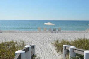 Een strand met een zandpad dat leidt naar strandstoelen en parasols.