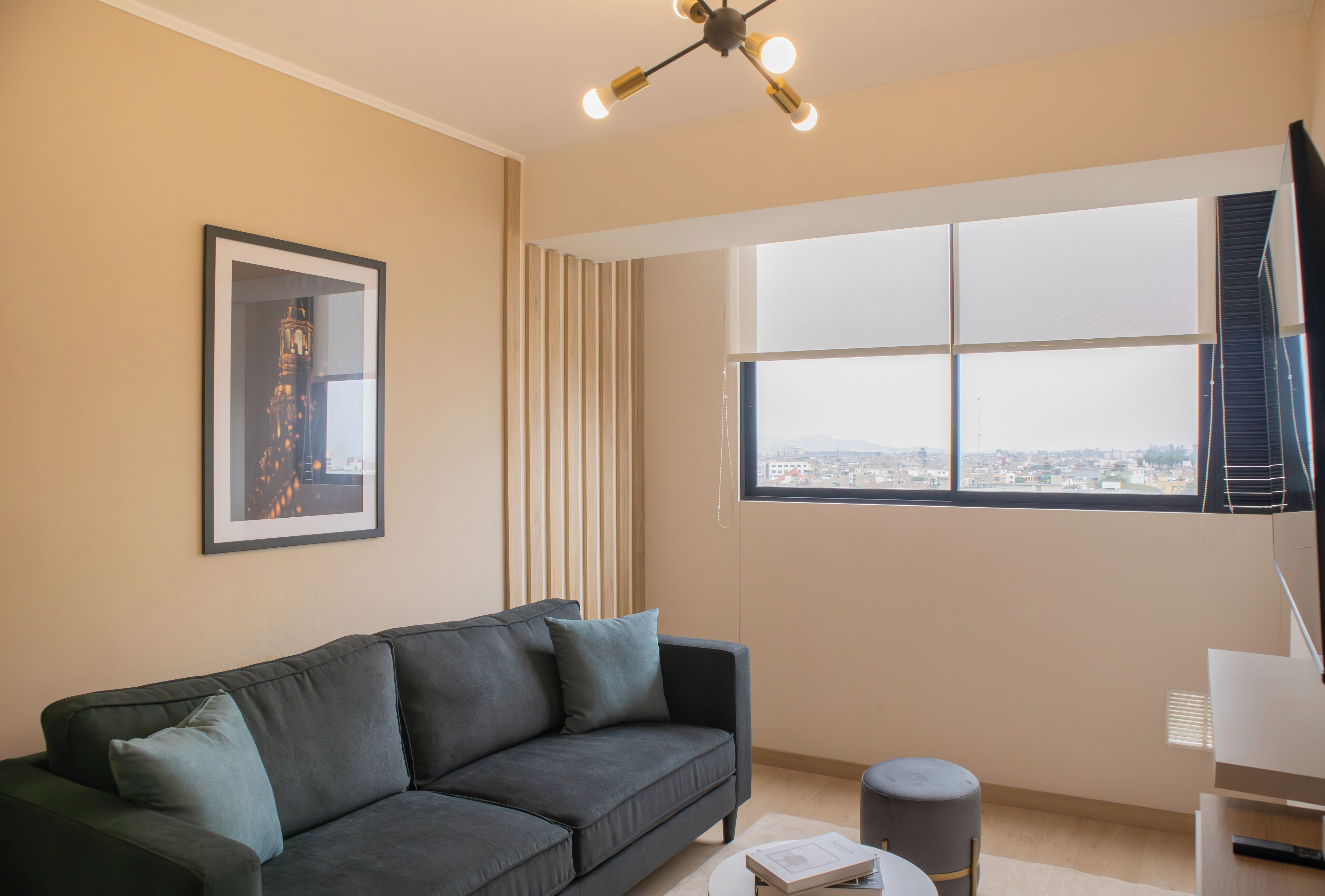 A modern living room with a grey sofa, a framed picture on the wall, a large window with blinds, and a ceiling light fixture.