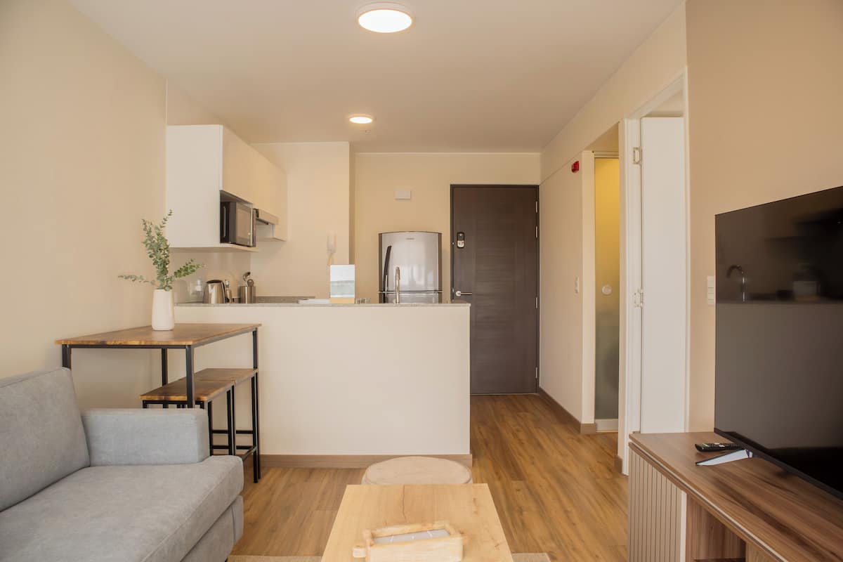 A compact living space with a kitchenette, a sofa, a TV, and a wooden coffee table.