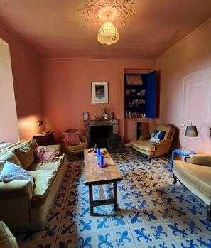 TV, fireplace, books