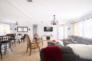 Smart TV, fireplace, table tennis, books