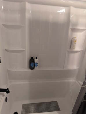 Hair dryer, towels, soap, toilet paper