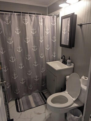 Hair dryer, towels, soap, toilet paper