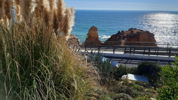 A coastal landscape with rocky formations and a clear blue sky.