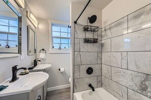 Hair dryer, towels, soap, toilet paper
