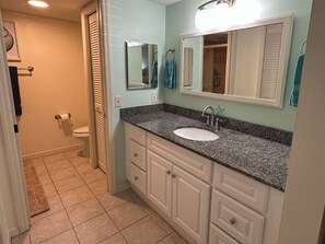 Chuveiro, secador de cabelo, toalhas de banho, papel higiênico