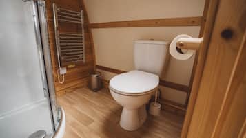 Shower, towels, soap, toilet paper