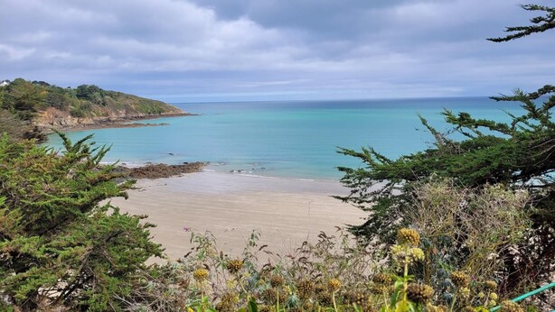A coastal landscape with a sandy beach, rocky cliffs, and dense greenery. - Tabata - PLOURHAN - Gîte (PLOURHAN)