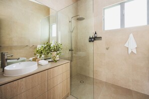 Hair dryer, towels, soap, shampoo