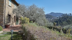 Ein Steinhaus mit gepflastertem Eingang, umgeben von üppiger Vegetation und Blick auf einen entfernten Berg.