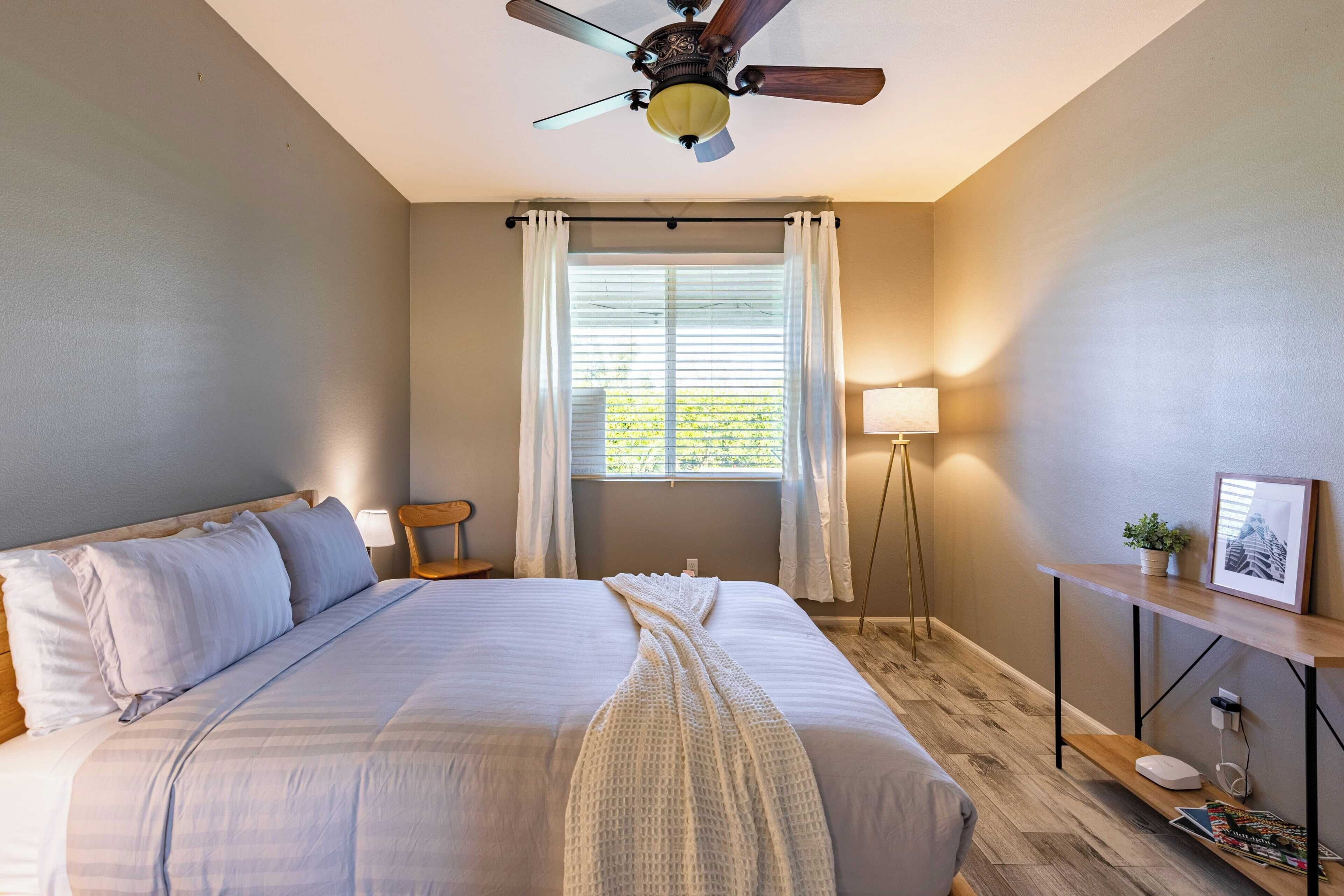 A bedroom with a bed, a ceiling fan, a window with curtains, a bedside table with a lamp, and a small plant.