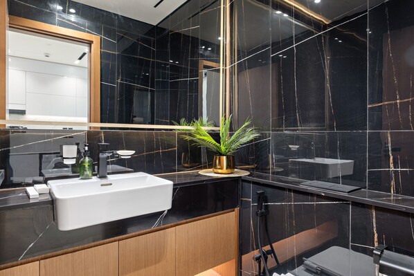 Shower, hair dryer, towels