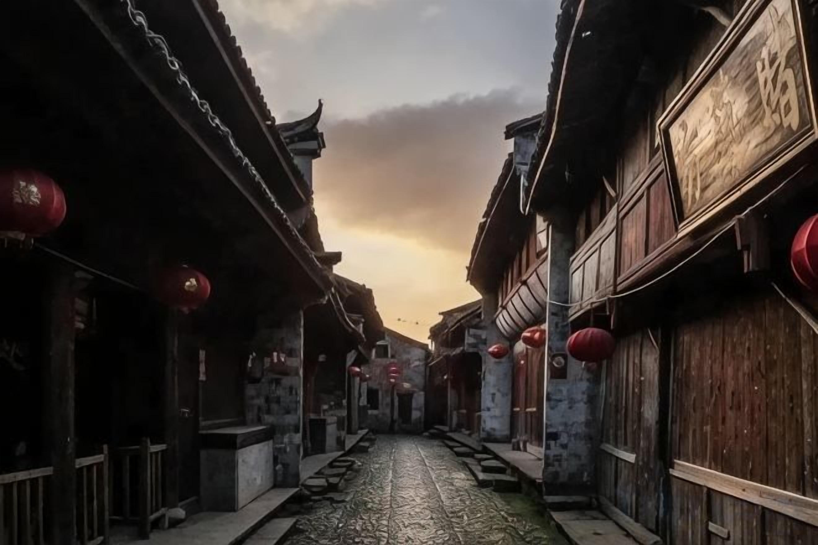A narrow alleyway with traditional architecture, wooden doors, and red lanterns.