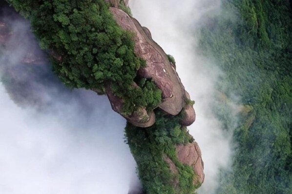 A natural rock formation with dense green vegetation.