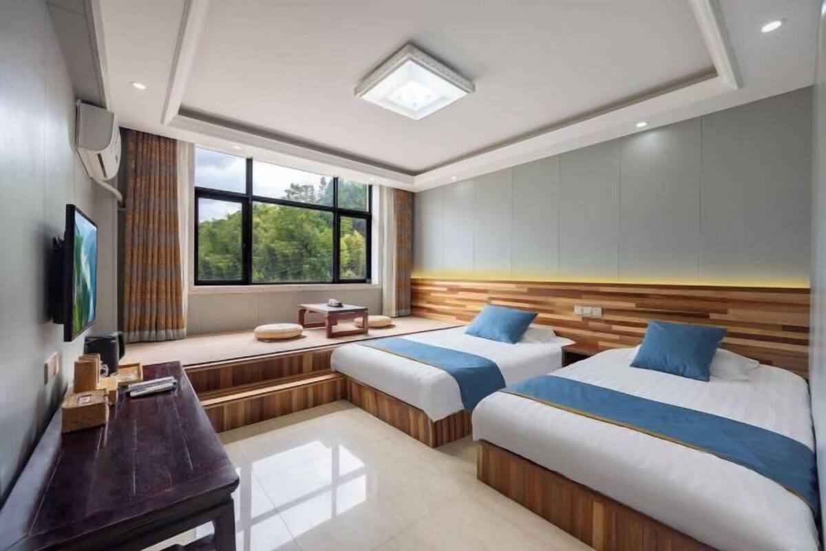 Habitación de hotel con dos camas, televisión, ventana con vistas y una lámpara en el techo.