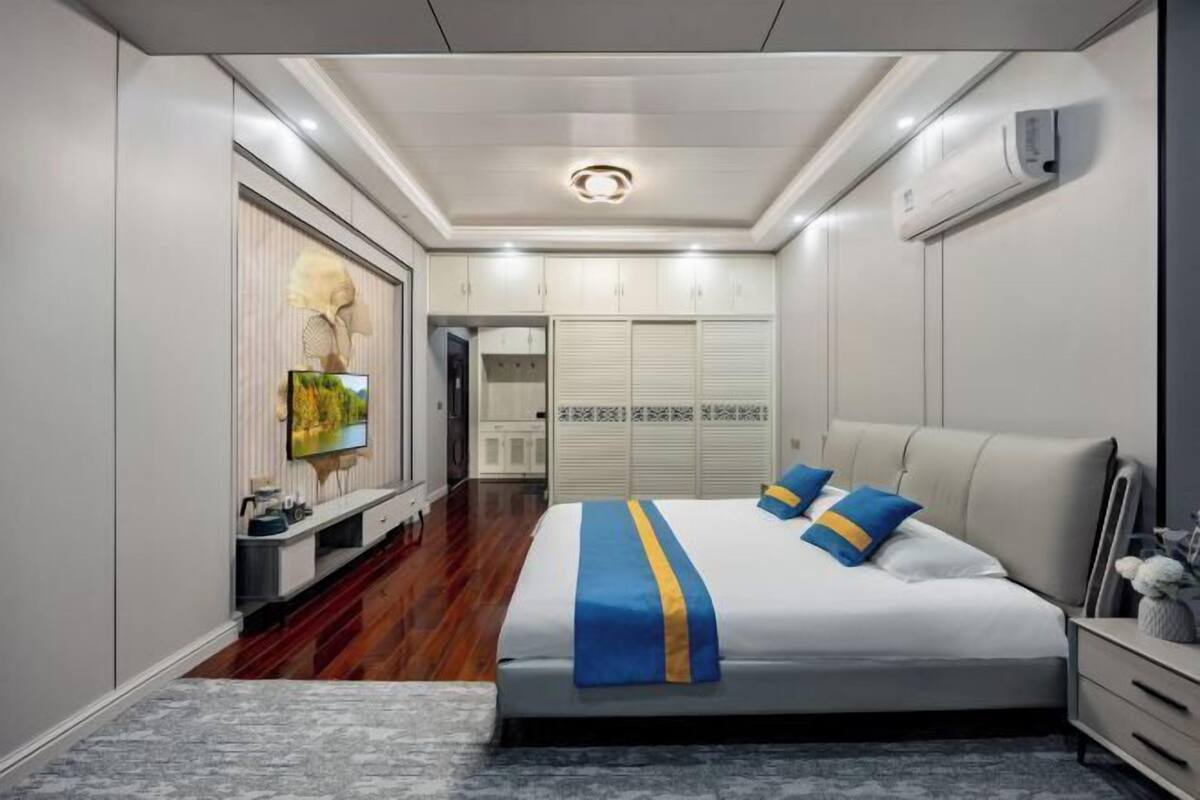 Un dormitorio moderno con una cama grande, un televisor, un armario y una lámpara en el techo.