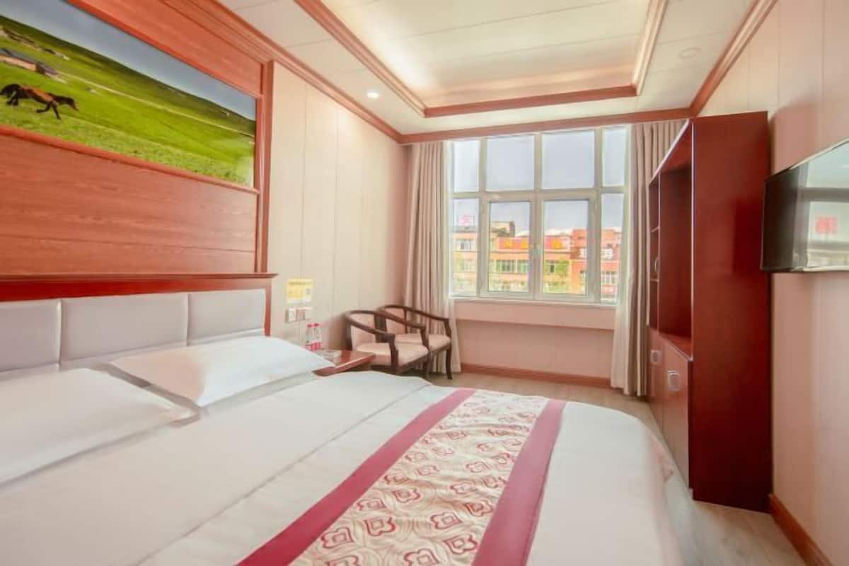 A hotel room with a large bed, a TV, a window with a view of buildings, and a painting on the wall.